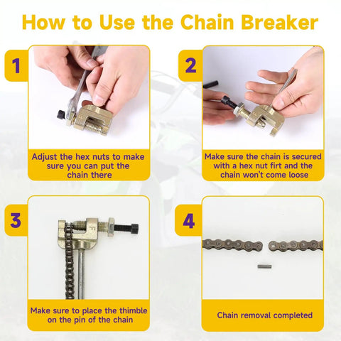 Instructions for using the chain breaker tool with 25H Drive Chain 132 Link For Razor MX650 MX500 SX500 RSF650 SX650 XRF500