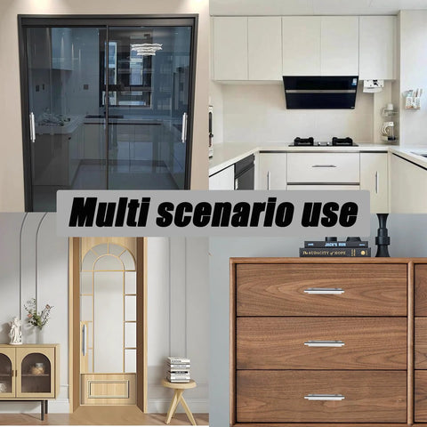 Four Pieces Silver Adhesive Cabinet Handles installed on various furniture, showcasing versatile application in kitchen and home projects.