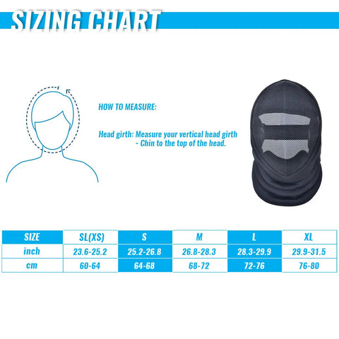 Sizing chart for Pro Grade Fencing Mask 350N With Removable Lining, CE Certified Fencing Helmet, large shown, measuring guide included