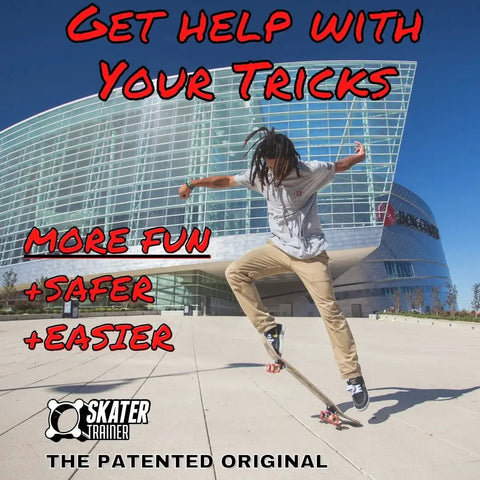 Skateboard Trick Training Wheels To Nail Ollies And Kickflips Faster, skater using training tool outside modern building.