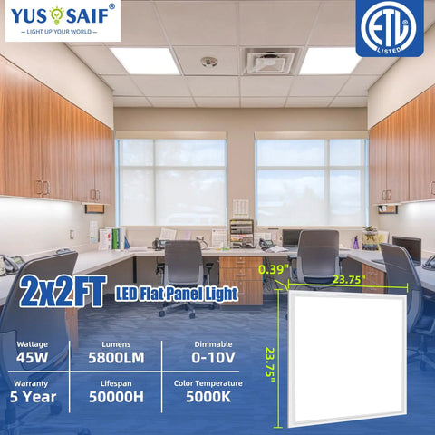 Office setting with ceiling showing Set Of Four 2x2 LED Flat Panel Lights For Office Ceiling, 45W 5800 LM Drop Ceiling Troffer.