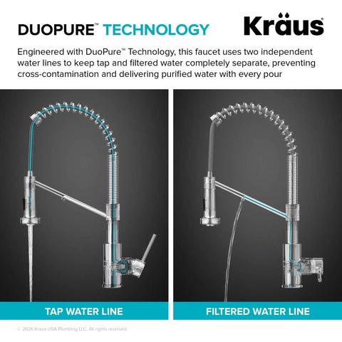 KRAUS Bolden 2-in-1 Pull Down Kitchen Faucet with Integrated Water Filter Tap for Reverse Osmosis or Water Filtration System in Matte Black showing DuoPure Technology water lines.