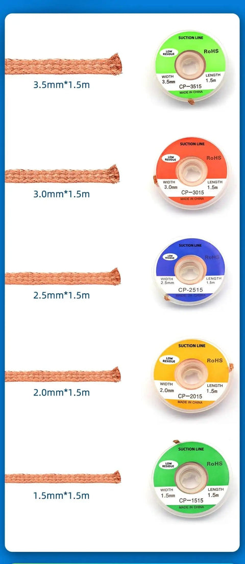 Different sizes of braid solder remover shown with labels for CP1515 2015 2515 3015 3515 Soldering Iron Lead Cable Flux Repair Tool.