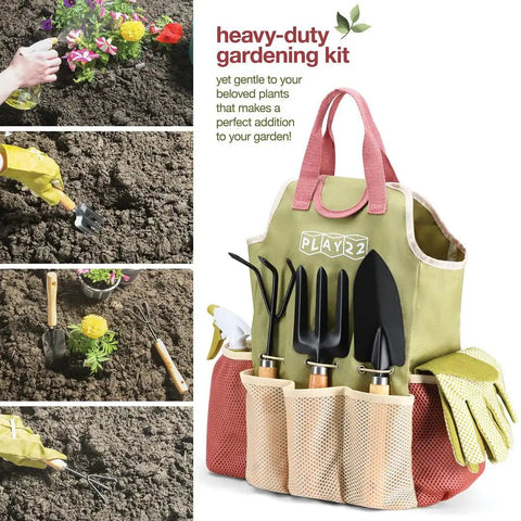 10 Piece Garden Tools Set With Heavy Duty Hand Tools And Fashion Tote Bag For Women Ergonomic Handles Includes Weeder Transplanter Trowel Pruner Rake