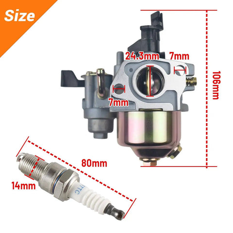 Gas Tank Carburetor Kit For 212cc 196cc 6.5HP Go Kart Mini Bike Engines Upgrade Fits Honda GX160 GX200, carburetor and spark plug size dimensions
