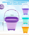 Three Pack Collapsible Beach Buckets For Kids And Toddlers, Foldable Sand Toys In Purple Blue Yellow, shown on a beach backdrop.