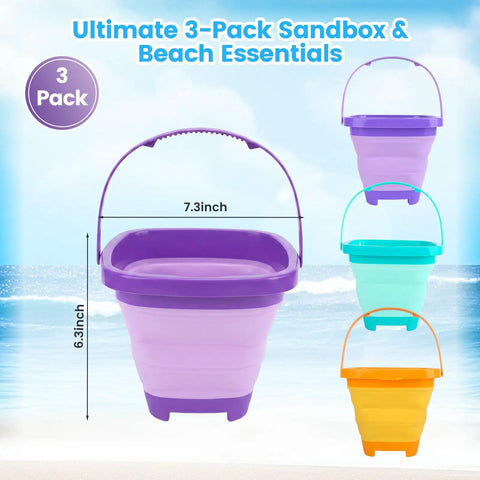 Three Pack Collapsible Beach Buckets For Kids And Toddlers, Foldable Sand Toys In Purple Blue Yellow, shown on a beach backdrop.