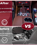Anti Drop Car Seat Gap Filler Organizer In Premium Leather showing before and after console tidy up in SUV, multi-purpose use