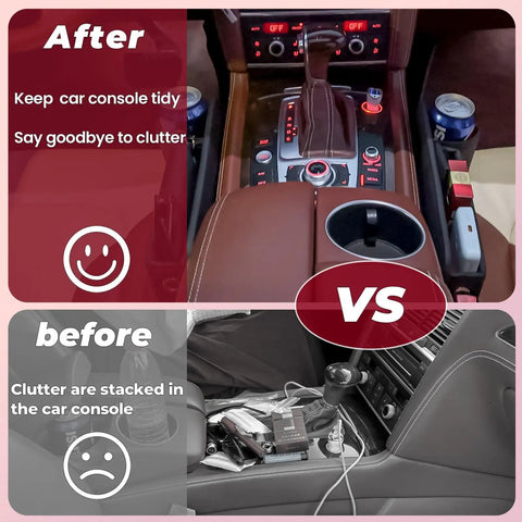 Anti Drop Car Seat Gap Filler Organizer In Premium Leather showing before and after console tidy up in SUV, multi-purpose use
