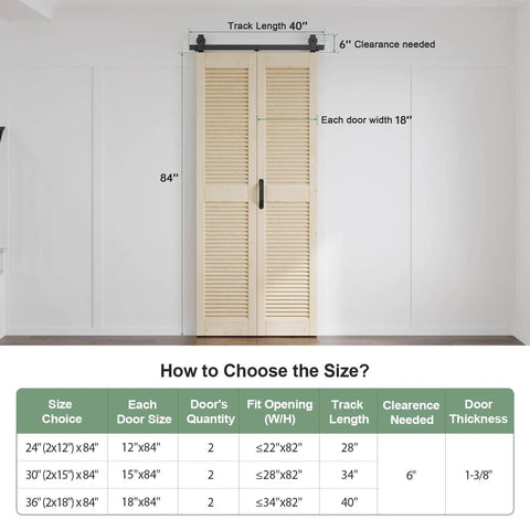 Space Saving Bifold Barn Door Set 36 X 84 Inch Double 18 X 84, Louver Sliding Closet Wood Bi-Folding Doors With 40 Inch Top Mount Track Kit, shown installed.