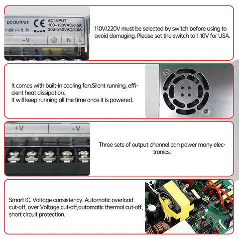 Beefy 500W 72V DC Switching Power Supply For CNC Routers Milling Machines Plasma Cutting Servo Motors LED LCD CCTV And Industrial Control Input 100 To 120V Or 200 To 240V AC To DC Adapter product details displayed on a label and PCB components.