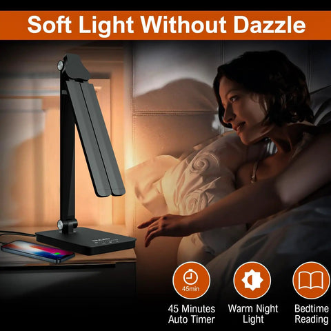 Led Desk Lamp For Home Office With USB Charging Port, Rotatable Aluminum Piano Lamp in bedroom with warm light.