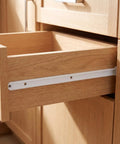 Top Shelf White Plastic Cabinet Drawer Slides Six Pack Side Mount Runners in an open wooden drawer showcasing quiet glide.