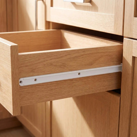 Six Piece Set Of White Plastic Drawer Slides For Kitchen Cabinets Featuring Precision Groove Tracks For No Sweat Assembly Breezy Do It Yourself Installation And Smooth Operator Glide Performance Each Time, showing an open wooden drawer with white slide.