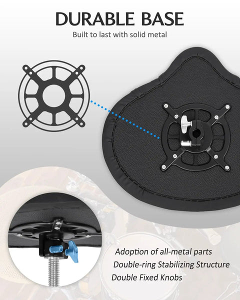 Durable metal base of Saddle Drum Throne Seat With Swivel Adjustable Padded Drum Stool Heavy Duty Motorcycle Style Widened Drum Chair