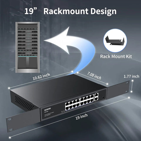 18 Port Gigabit PoE Switch With 16 PoE Ports And 2 Uplink Gigabit Ports Built In 250W Power Supply Metal Casing 19 Inch Rackmount
