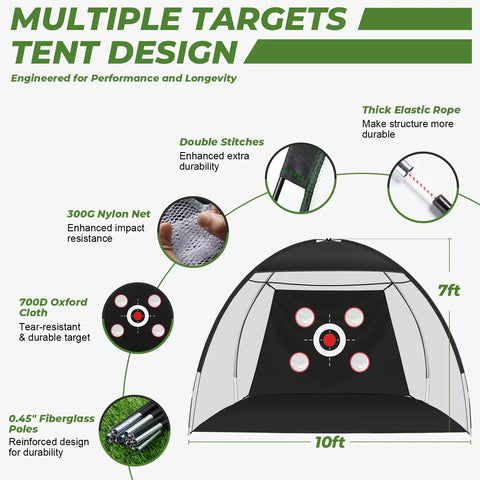 10x7Ft Golf Practice Net with mat and target pockets for backyard, garage, indoor outdoor driving, tent design structure visible