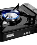 9560 BTU Portable Gas Camp Stove MS3800 with Piezo Ignition, compact black design, lit burner, for indoor outdoor use