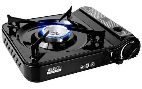 9560 BTU Portable Gas Camp Stove MS3800 with Piezo Ignition, compact black design, lit burner, for indoor outdoor use