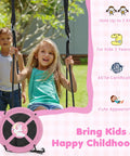 Child smiling on 40 Inch Pink Unicorn Saucer Swing for Kids With Adjustable Ropes and 2 Carabiners Waterproof 900D Oxford Cloth.