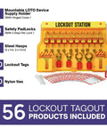 Lockout Tagout Station Kit with 11 Safety Padlocks, 4 Hasps, 40 Lockout Tags, 40 Nylon Ties on a Durable Board for OSHA Compliance