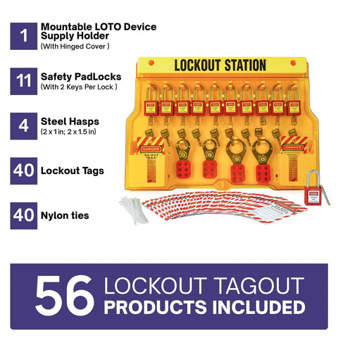 Lockout Tagout Station Kit with 11 Safety Padlocks, 4 Hasps, 40 Lockout Tags, 40 Nylon Ties on a Durable Board for OSHA Compliance