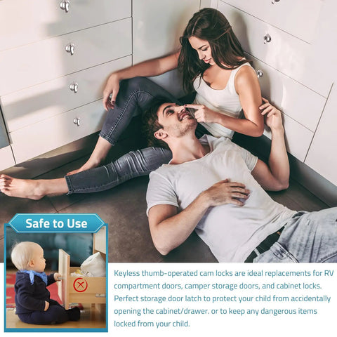 Parents sitting near a cabinet showing a Five Eighth Inch Thumb Operated Offset Cam Lock Latch for safety.