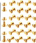 60 Pairs Solid Brass Chicago Screws For Belts And Jeans Including Heavy Duty Hole Punch Kit For Leather Straps And Clothing Repair Built Like A Tank With Corrosion Resistant Gold Finish That Hits Different On Every Project, showing screws and a metal hole punch.