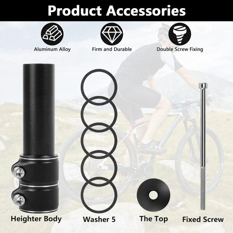 Beefy Adjustable Bicycle Handlebar Riser Extender that lifts bar height up to 5.3 inches with durable aluminum alloy shown with accessories