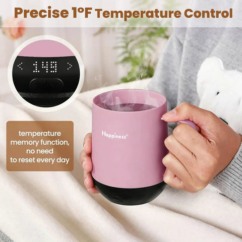 Smart Electric Heated Coffee Mug With Precision Temperature Setting And Rechargeable Coaster To Keep Your Daily Brew Piping Hot And Sipping Smooth On The Go 12 Oz Spill Resistant Travel Mug in pink held by a person with steam rising.