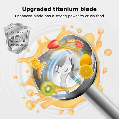 Kickass Two Speed Handheld Immersion Blender With Stainless Steel Blades Adjustable Mixing Speeds For Crushing Smooth Soups And Creamy Baby Food Purees Quick Kitchen Tasks close-up of upgraded titanium blade with fruit mix splashing