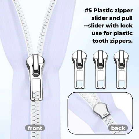 Ultimate 39 Piece Zipper Repair Kit With Replacement Sliders And Teeth For Backpacks Tents Jackets And Luggage No Tools Needed Quick Fix Multipack In Black Silver And Bronze Durable Zipper Pulls showing #5 plastic zipper sliders and pulls.