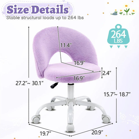 Cute Mini Vanity Chair With Faux Fur Wheels, Adjustable Height Armless Office Desk Stool, 360 Degree Swivel Rolling Makeup And Study Chair For Small Spaces, Girls Cozy Bedroom Purple shown with size dimensions.
