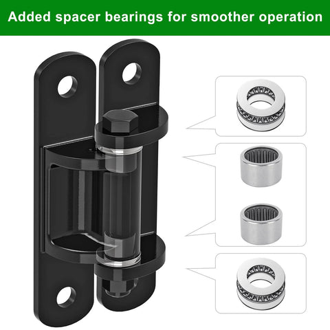 Insaga 6.7'' heavy-duty gate hinge, front view, black steel with bolt-on design and bearing spacers