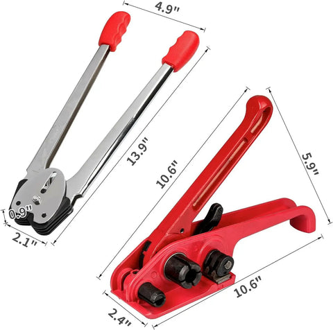 Heavy Duty Manual Pallet Strapping Kit With Poly Strap Sealer And Hand Tensioner Tool, steel and red plastic hand tools.