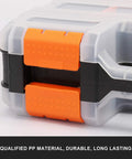 Close-up of Double Sided Tools Organizer With Removable Dividers, featuring durable black and orange plastic case corner.