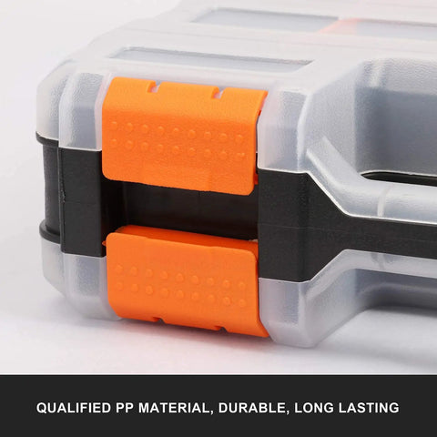 Close-up of Double Sided Tools Organizer With Removable Dividers, featuring durable black and orange plastic case corner.