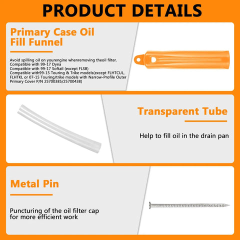 All In One Harley-Davidson Oil Change Kit With Filter Cap Wrench Fill Tools And Thirty O Rings Industrial Grade Heavy Duty Oil Filter Wrench And Fluorine Rubber O Rings For Long Lasting Heat Fuel And Chemical Resistance showing primary case oil fill funnel and transparent tube with metal pin.
