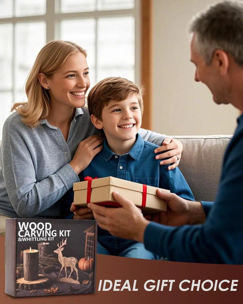 Family gifting a Deluxe Wood Carving Kit For Beginners To Pros With Leather Case And Packed Whittling Tool Set of Knives And Chisels