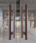 Two Sided Wooden Door Pull Handle For Front And Back Doors And Yard Gate, Beefy Heavy Duty Grip, installed on glass doors.