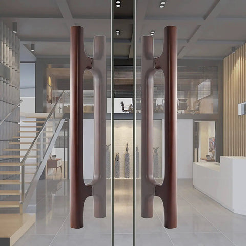 Two Sided Wooden Door Pull Handle For Front And Back Doors And Yard Gate, Beefy Heavy Duty Grip, installed on glass doors.