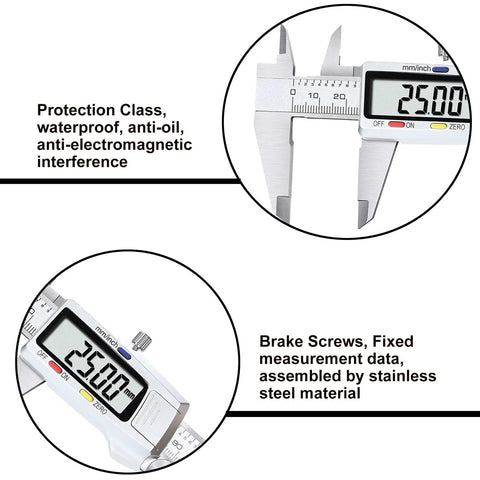 Brake screws and measurement display of Six Inch Digital Caliper Stainless Steel Measuring Tool With Large LCD Screen Electronic Vernier.
