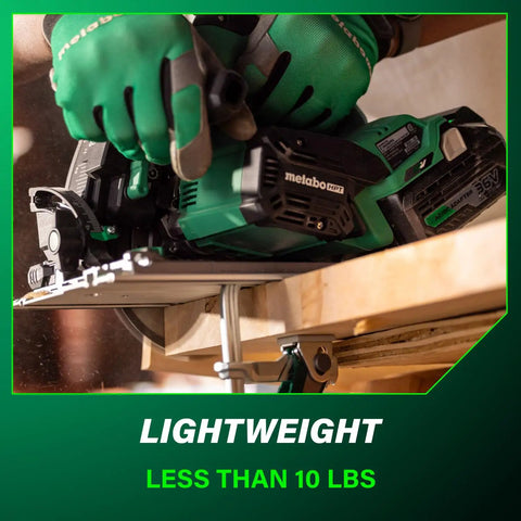 Person using Powerhouse 36V Cordless Track Saw Kit, 6-1/2 Inch Blade, adjustable bevel, deep cut, lightweight design, less than 10 lbs
