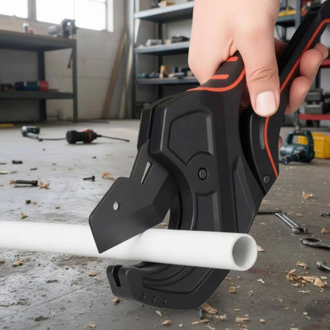 Hand using Ratcheting Tube Cutter For PVC Tubing Beastly Heavy Duty Aluminum Pipe Shear With Built In Lock Handle SK5 Steel Core