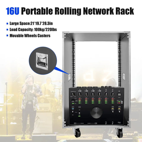 Rock Solid 16U Portable Rolling Network Rack Studio Server Cabinet With Built Handles Smooth Swivel Casters Fire Resistant PVC Surface Tough As Nails For It Av Gear Computer Setup