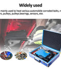 Heavy Duty 1500W Magnetic Induction Heater For Rust Eaten Bolts Stuck Screws And Seized Bearings Plus Fast 800 Degree Bolt Nut Seizer Remover With Rugged Gear Case in blue carrying case with tools for automotive use.