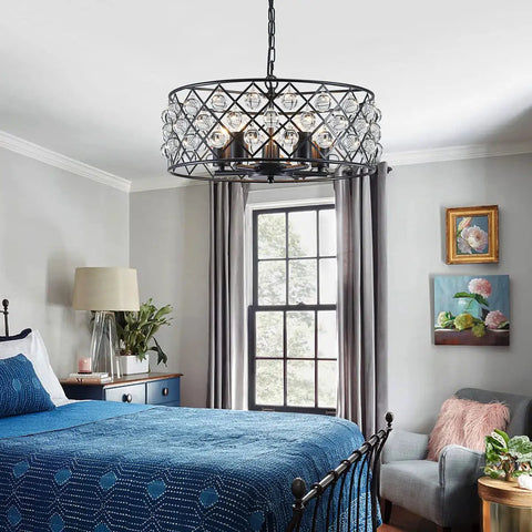 Five Light Drum Crystal Chandelier With K9 Crystals In Rustic Retro Style Ceiling Pendant, bedroom setting, modern decor