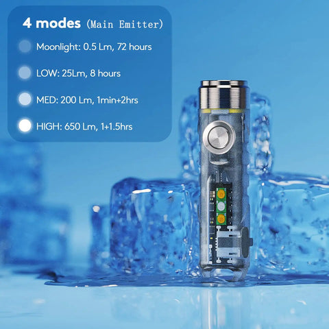 Aurora A7 G4 Keychain Flashlight USB C Rechargeable 650 Lumen EDC Light with 8 Modes shown in ice, glowing blue.