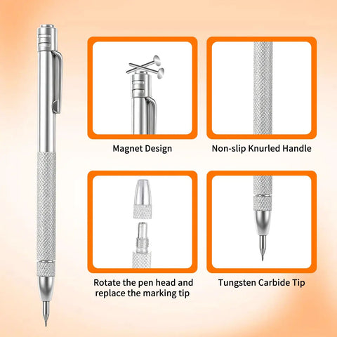 Heavy Duty Tungsten Carbide Scriber Kit With Two No Fuss Etching Pens And Twelve Spare Replacement Tips showing magnet design and grip.