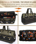 15 Inch Wide Mouth Tool Bag With Waterproof Molded Base showing internal and external pockets, sturdy handles, and adjustable strap.